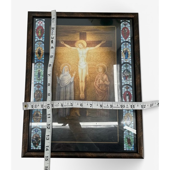Vintage Framed Crucifixion Picture Print Catholic Mary John Saints 15x12 - Picture 5 of 6